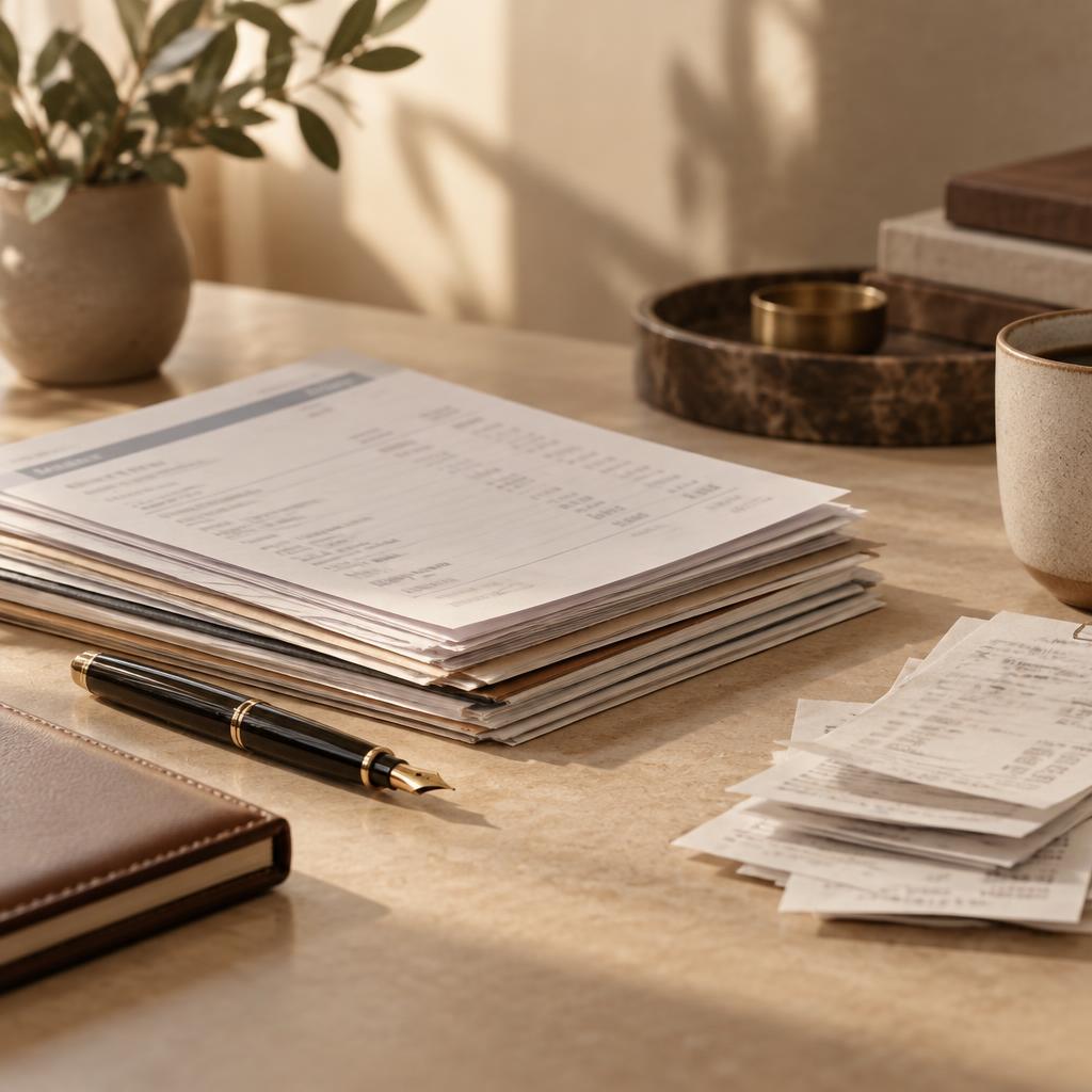 Stacks of bank statements, invoices and receipts representing financial overwhelm